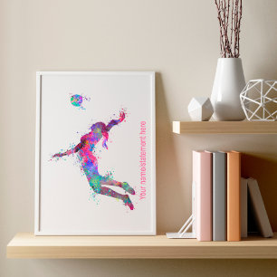 Affiche Aquarelle éclaboussée volleyball fille joueur text