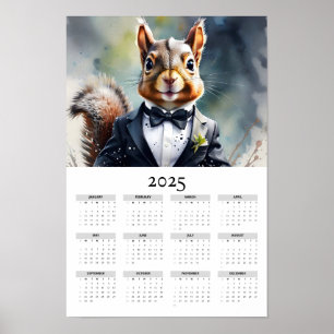 Affiche Aquarelle écureuil Tux Bow Cravate 2025 Calendrier
