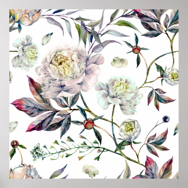 Affiche Aquarelle Elegant Motif sans couture en blanc (Devant)