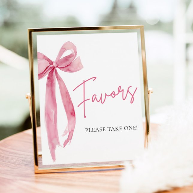 Affiche Aquarelle Élégante Bow Rose Bleu Faveurs Signer (Watercolor Elegant Blush Pink Bow Favors Sign)