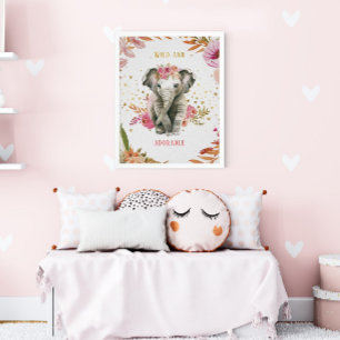 Affiche Aquarelle Eléphant Fleurs Roses Fille Nursery