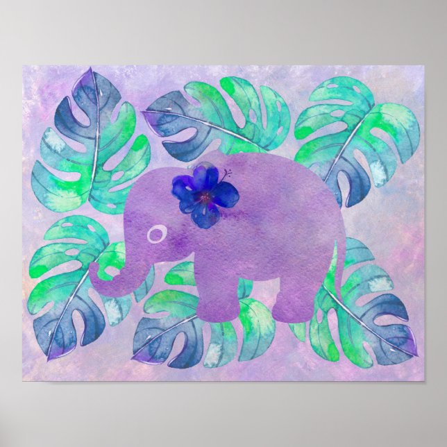 Affiche Aquarelle Elephant Jungle Tropical Monstera Feuill (Devant)