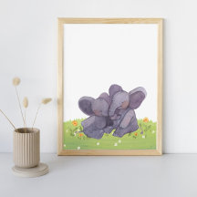 Aquarelle Eléphants Fleurs Et Pépinière D'Herbe