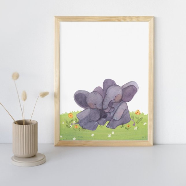 Affiche Aquarelle Eléphants Fleurs Et Pépinière D'Herbe (Créateur téléchargé)