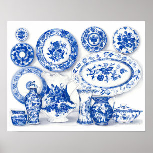 Affiche Aquarelle en porcelaine bleue