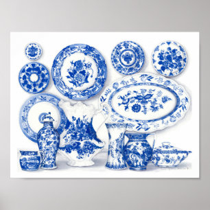 Affiche Aquarelle en porcelaine bleue