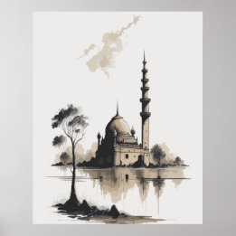 Affiche Aquarelle Encre Peinture de la mosquée en noir et