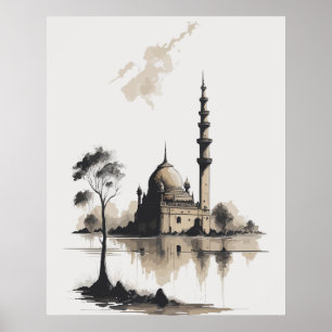 Affiche Aquarelle Encre Peinture de la mosquée en noir et