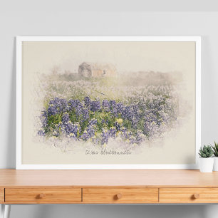 Affiche Aquarelle esquissée du champ Bluebonnet