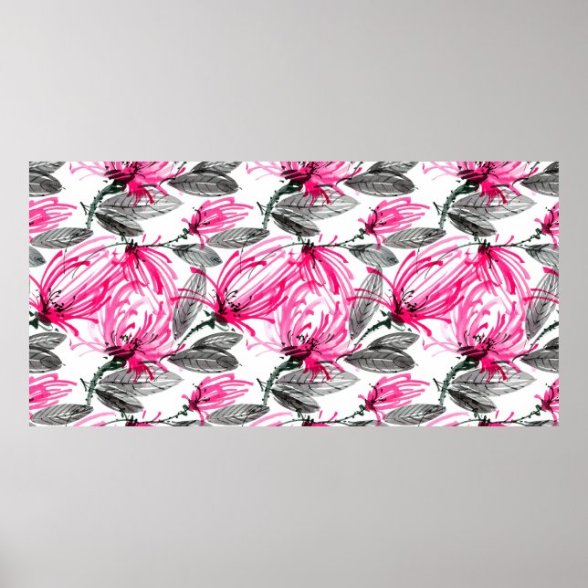 Affiche Aquarelle et encre illustration de fleur rouge ave (Devant)