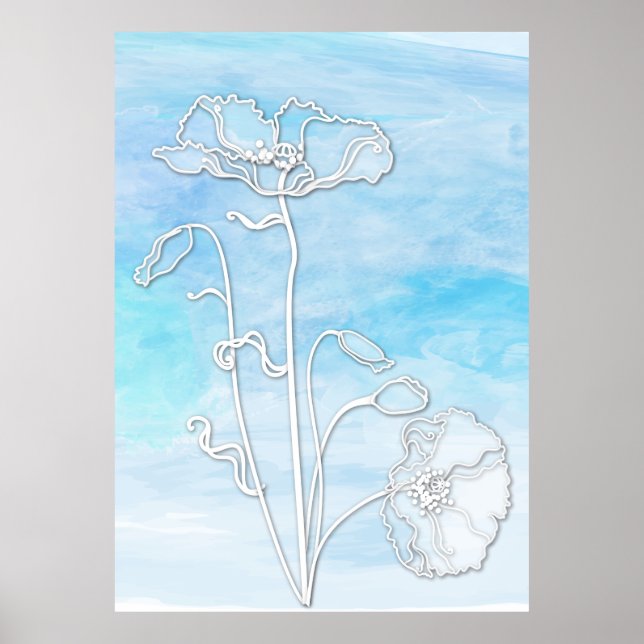 Affiche Aquarelle et pavots Abstraits bleu ciel (Devant)