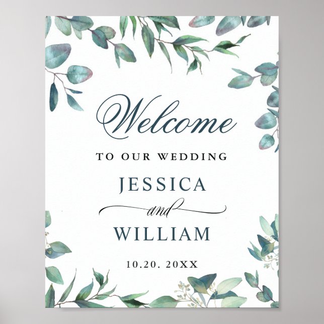 Affiche Aquarelle Eucalyptus Mariage vert Bienvenue (Devant)