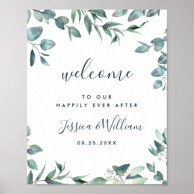 Affiche Aquarelle Eucalyptus Mariage vert Bienvenue (Devant)