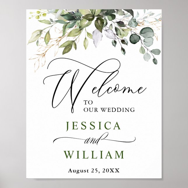 Affiche Aquarelle Eucalyptus Mariage vert Bienvenue (Devant)