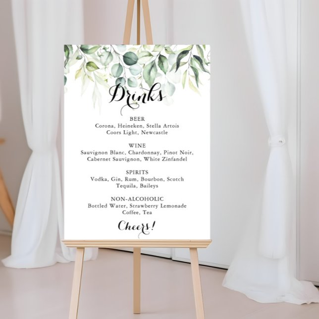 Affiche Aquarelle Eucalyptus Vert Mariage Boissons Menu (Créateur téléchargé)