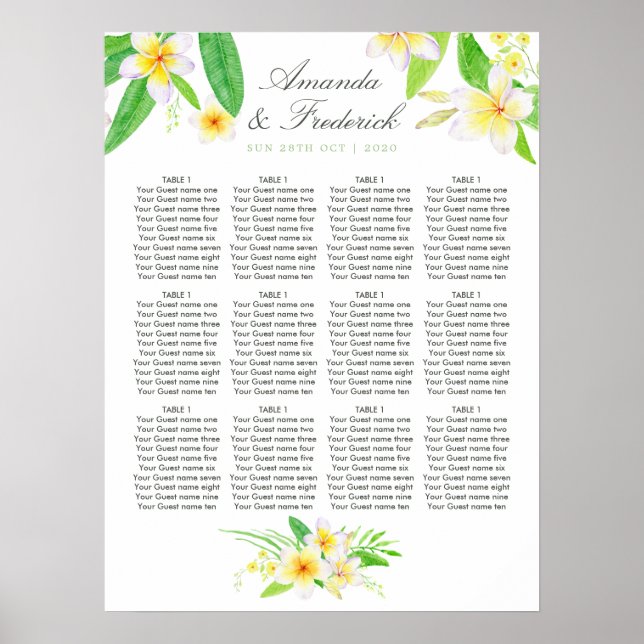 Affiche Aquarelle exotique Frangipani Mariage Carte de siè (Devant)