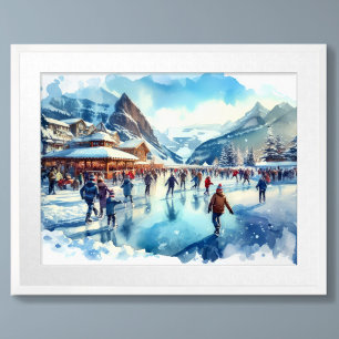 Affiche Aquarelle extérieure patinoire Station d'hiver