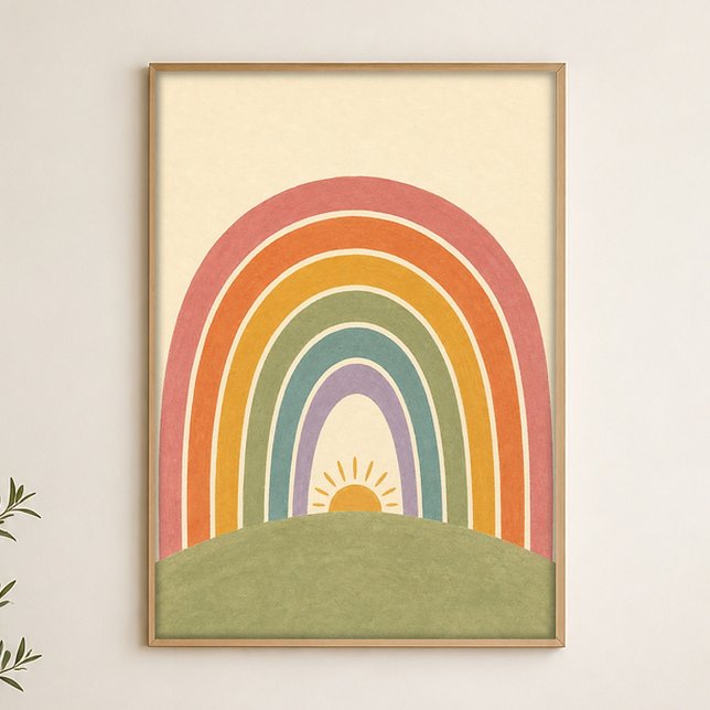 Affiche aquarelle fantaisiste de la colline arc-en (Shown framed for scale. Poster ships unframed; frames are an optional add-on.)