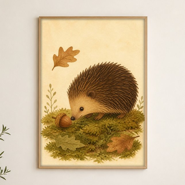 Affiche aquarelle fantaisiste Hérisson et Gland (Shown framed for scale. Poster ships unframed; frames are an optional add-on.)