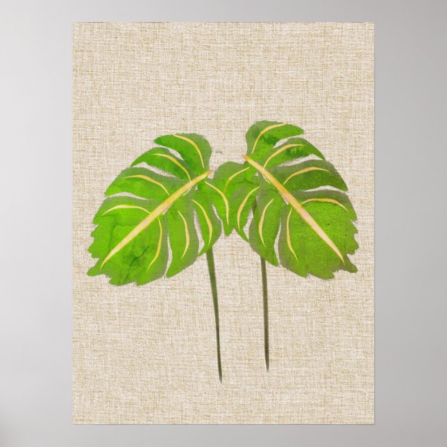 Affiche Aquarelle Feuille Monstera sur lin (Devant)