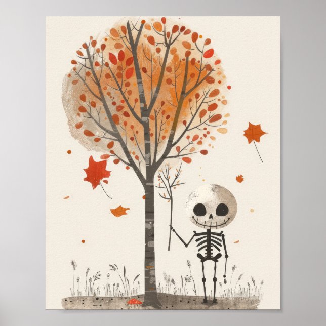 Affiche Aquarelle Feuilles d'automne squelette Halloween m (Devant)