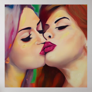Affiche Aquarelle Fierté Deux femmes partagent un baiser