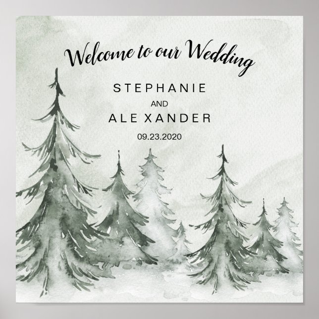 Affiche Aquarelle Fir Trees Mariage d'hiver (Devant)
