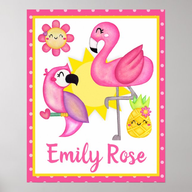 Affiche Aquarelle flamant rose et perroquet d'été tropical (Devant)