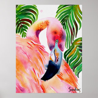 Affiche Aquarelle Flamant rose rose