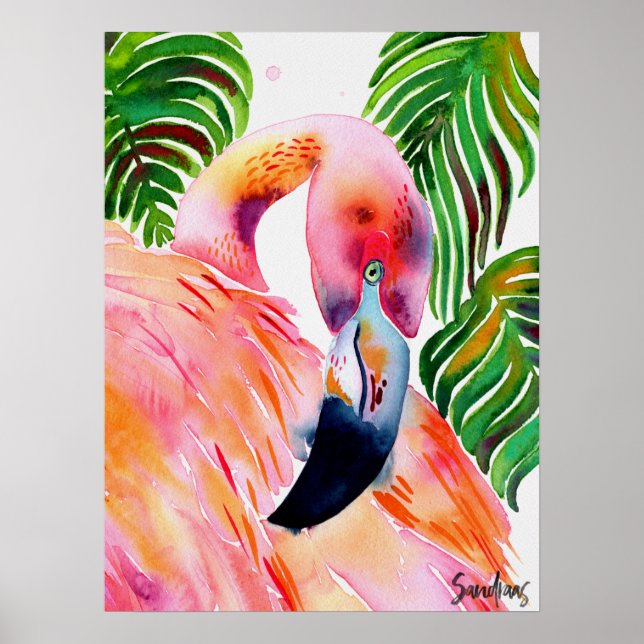 Affiche Aquarelle Flamant rose rose (Devant)