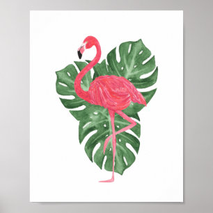 Affiche Aquarelle Flamant rose rose Tropical Feuilles Mons