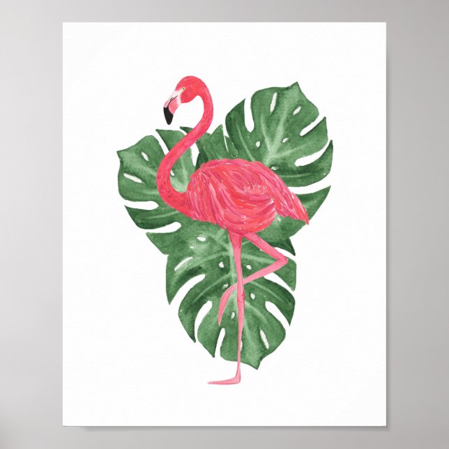 Affiche Aquarelle Flamant rose rose Tropical Feuilles Mons (Devant)