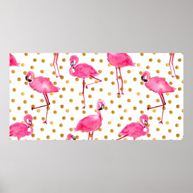 Affiche Aquarelle flamants roses avec matelas à points dor (Devant)
