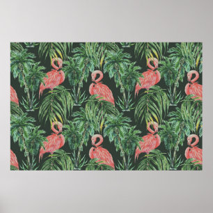 Affiche Aquarelle flamants roses, oiseaux exotiques, tropi