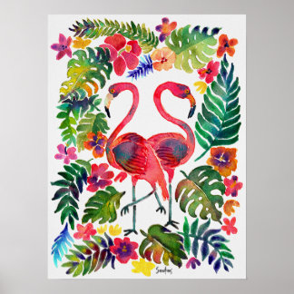 Affiche Aquarelle Flamants roses tropicaux