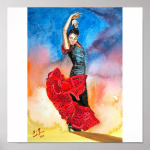 Affiche aquarelle flamenco