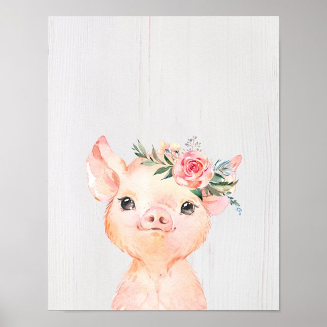 Affiche Aquarelle Fleurie Bébé Cochon (Devant)