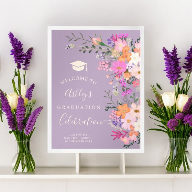 Affiche Aquarelle fleurie chic lavande bienvenue (Chic lavender floral watercolor graduation welcome poster)