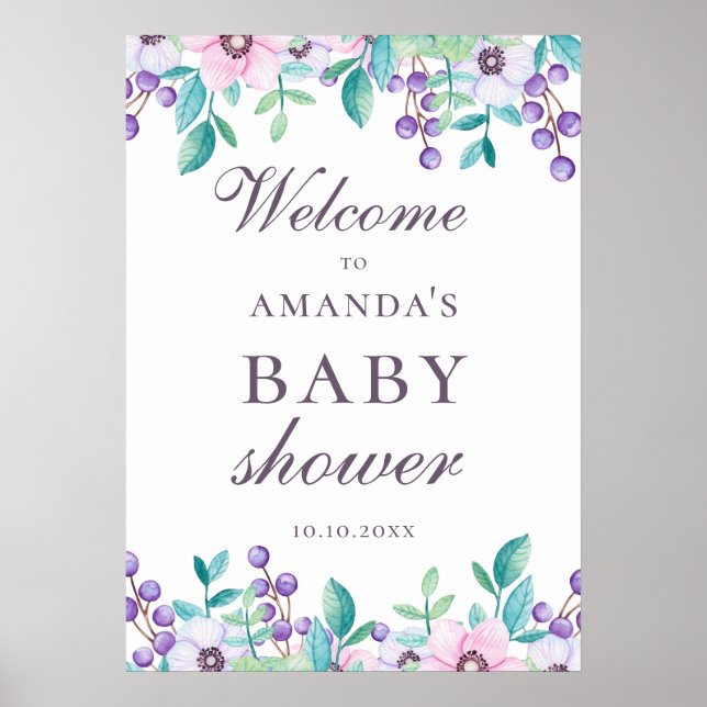 Affiche Aquarelle fleurie jardin baby shower accueil (Devant)
