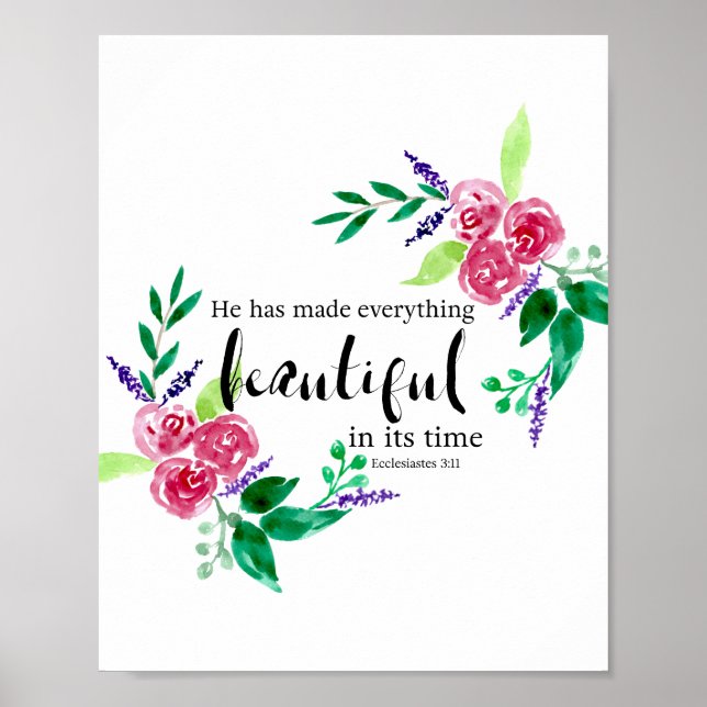 Affiche Aquarelle Fleurs Bible Citation Calligraphie Chic (Devant)