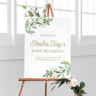 Affiche Aquarelle Fleurs Blanches et Bénédiction de Bébé a