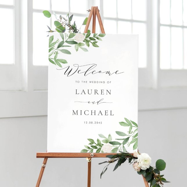 Affiche Aquarelle Fleurs blanches et Mariage de verdure (Customizable botanical wedding welcome sign featuring watercolor greenery and white flowers)