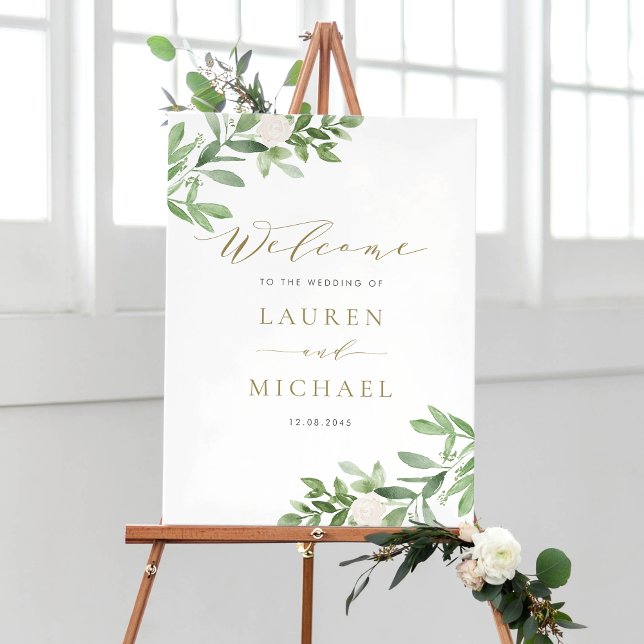Affiche Aquarelle Fleurs blanches et Mariage de verdure (Customizable watercolor wedding welcome sign featuring watercolor greenery and white flowers)