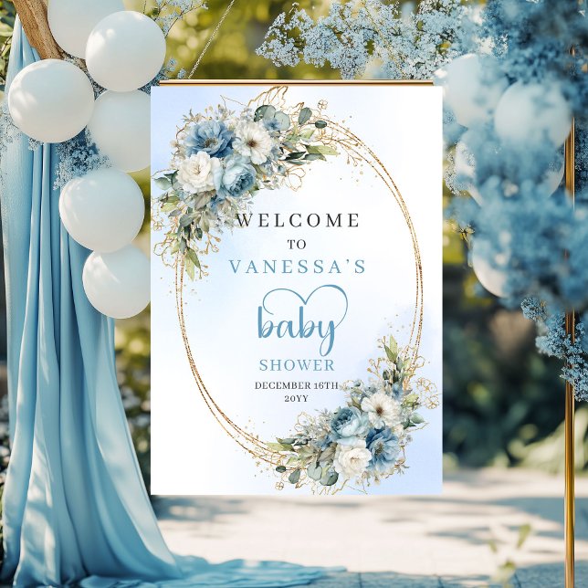 Affiche Aquarelle Fleurs Bleu Poussiéreux Eucalyptus Bain  (Watercolor Dusty Blue Floral Eucalyptus Shower Welcome

)