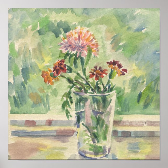 Affiche Aquarelle fleurs dans un verre pas une fenêtre (Devant)