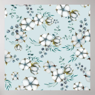Affiche Aquarelle Fleurs de coton et Eucalyptus