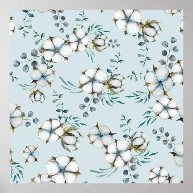 Affiche Aquarelle Fleurs de coton et Eucalyptus (Devant)