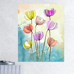 Affiche Aquarelle Fleurs florissantes avec lignes noires f
