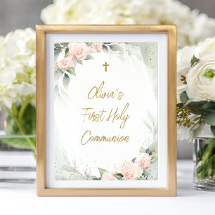 Affiche Aquarelle Fleurs roses Croix première sainte Commu