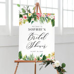 Affiche Aquarelle Fleurs tropicales Fête des mariées Bienv<br><div class="desc">Aquarelle Fleurs tropicales Affiche de bienvenue Fête des mariées. Panneau de bienvenue à la nuptiale florale personnalisable avec des illustrations aquarelles de plumeria, hibiscus, orchidées, oiseaux de paradis, feuilles de palmiers, feuilles de bananes et philodendron à feuilles cassées. Ce panneau d'accueil botanique est parfait pour les douches à thème tropicales....</div>